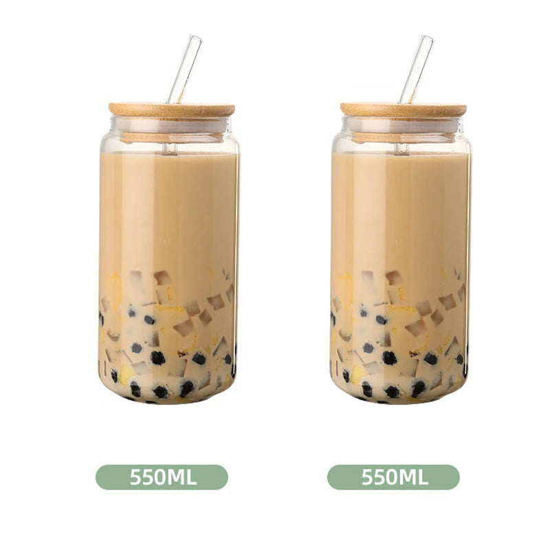 Glass Straw Cup with Dustproof Wooden Lid