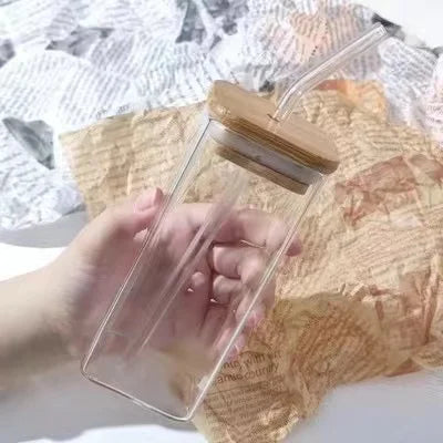 Square Heat Resistant Glass Cup With Lid and Straw
