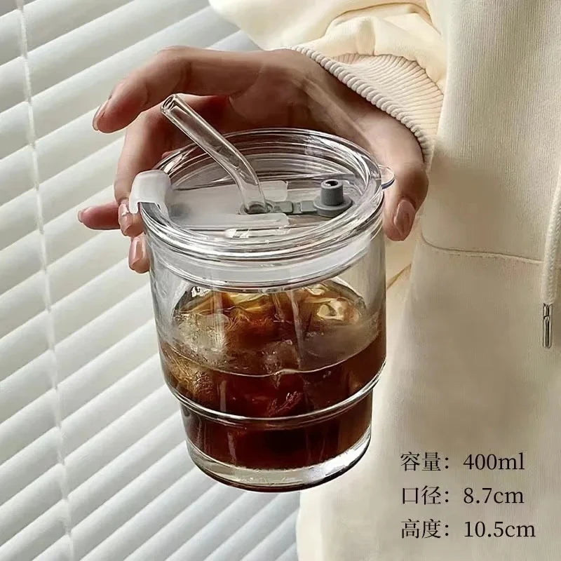 Simple Stripe Glass Cup With Lid and Straw