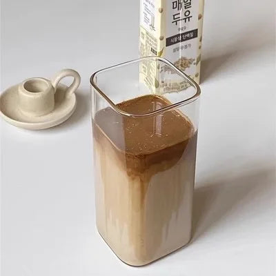 Square Heat Resistant Glass Cup With Lid and Straw