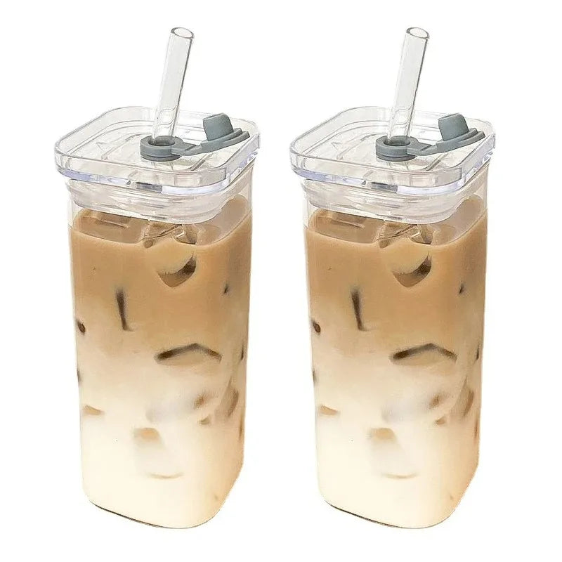 Square Heat Resistant Glass Cup With Lid and Straw