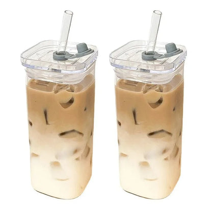 Square Heat Resistant Glass Cup With Lid and Straw