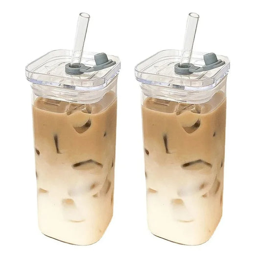 Square Heat Resistant Glass Cup With Lid and Straw