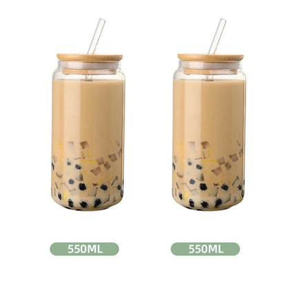 Glass Straw Cup with Dustproof Wooden Lid