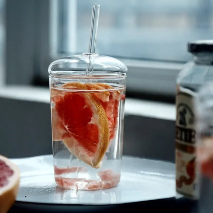 Glass Cup with Lid and Straw