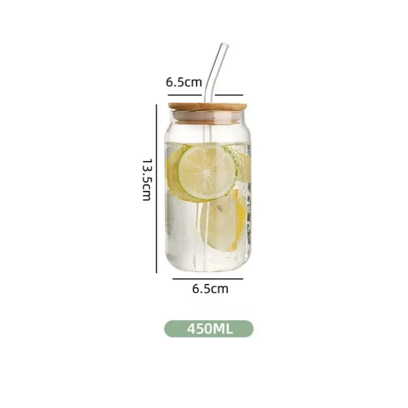 Glass Straw Cup with Dustproof Wooden Lid