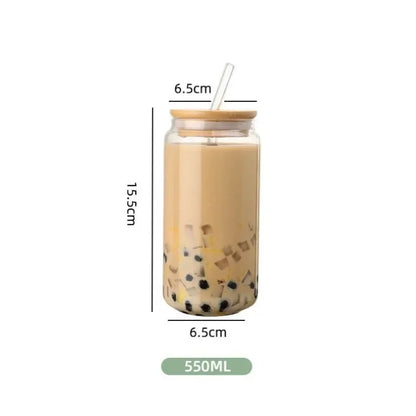 Glass Straw Cup with Dustproof Wooden Lid