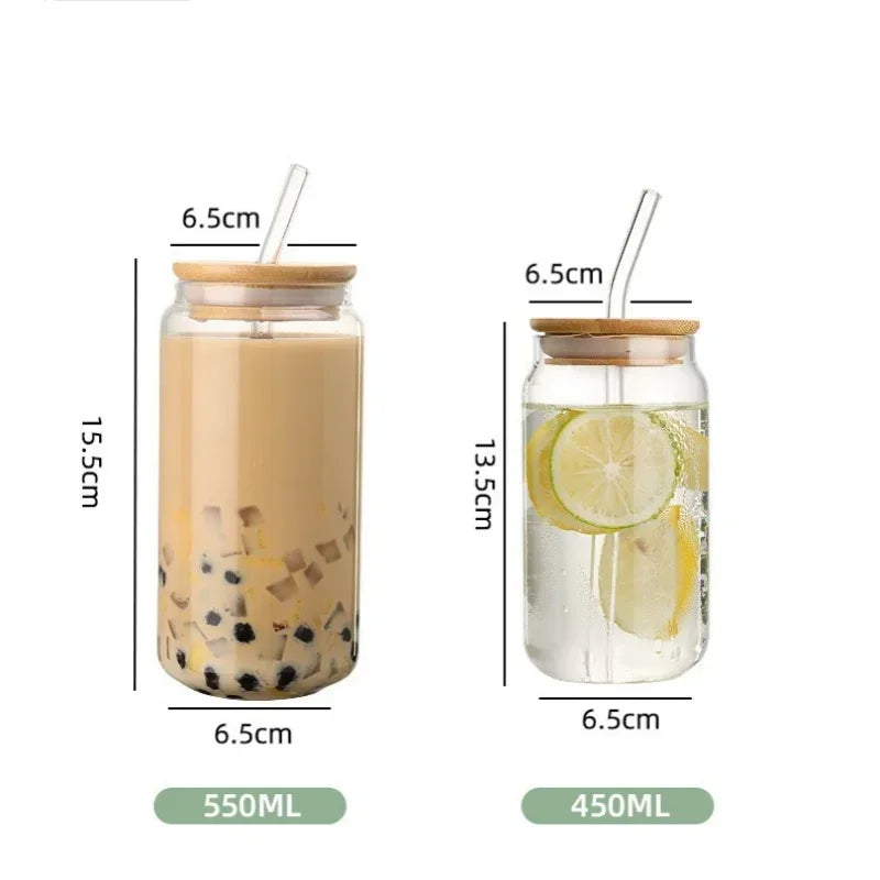 Glass Straw Cup with Dustproof Wooden Lid