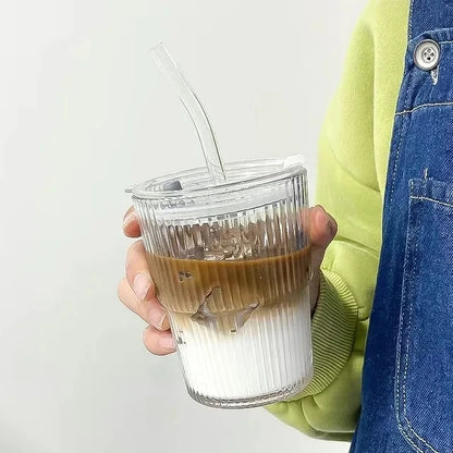 Simple Stripe Glass Cup With Lid and Straw