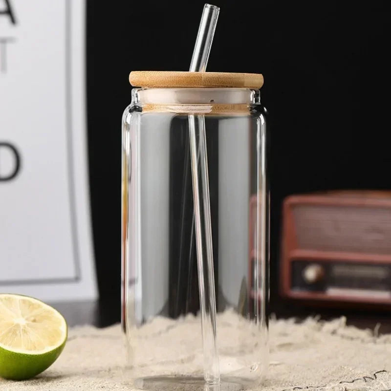 Glass Straw Cup with Dustproof Wooden Lid