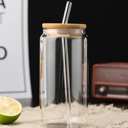 Glass Straw Cup with Dustproof Wooden Lid