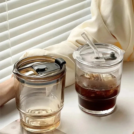 Simple Stripe Glass Cup With Lid and Straw