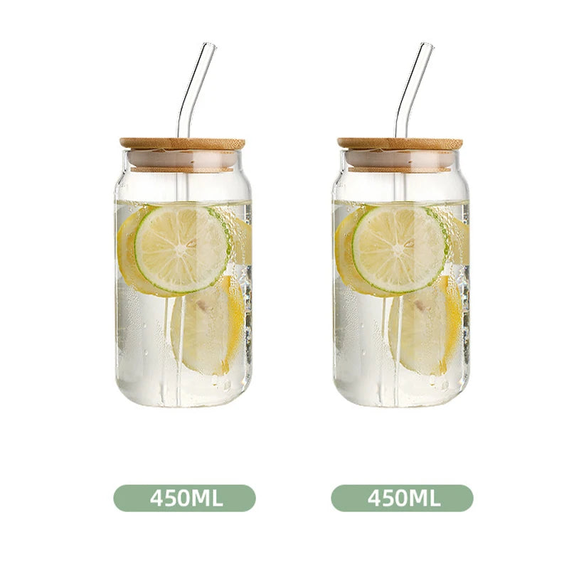Glass Straw Cup with Dustproof Wooden Lid