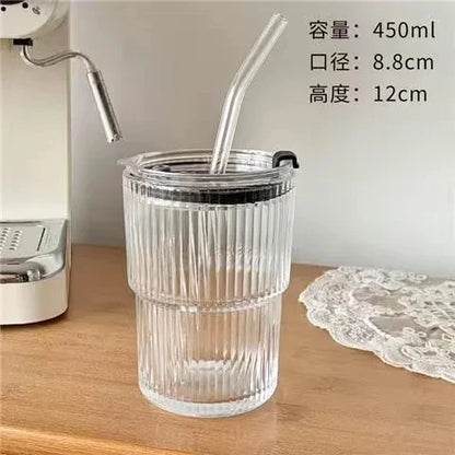 Simple Stripe Glass Cup With Lid and Straw
