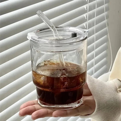 Simple Stripe Glass Cup With Lid and Straw