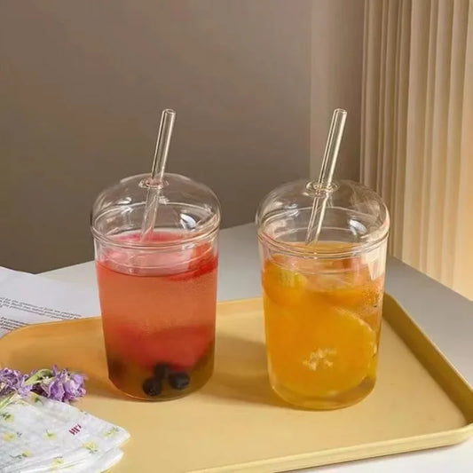 Glass Cup with Lid and Straw