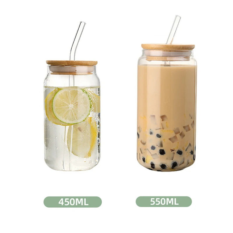 Glass Straw Cup with Dustproof Wooden Lid