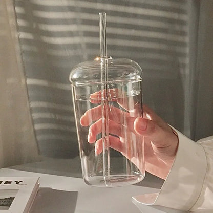 Glass Cup with Lid and Straw