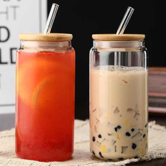 Glass Straw Cup with Dustproof Wooden Lid