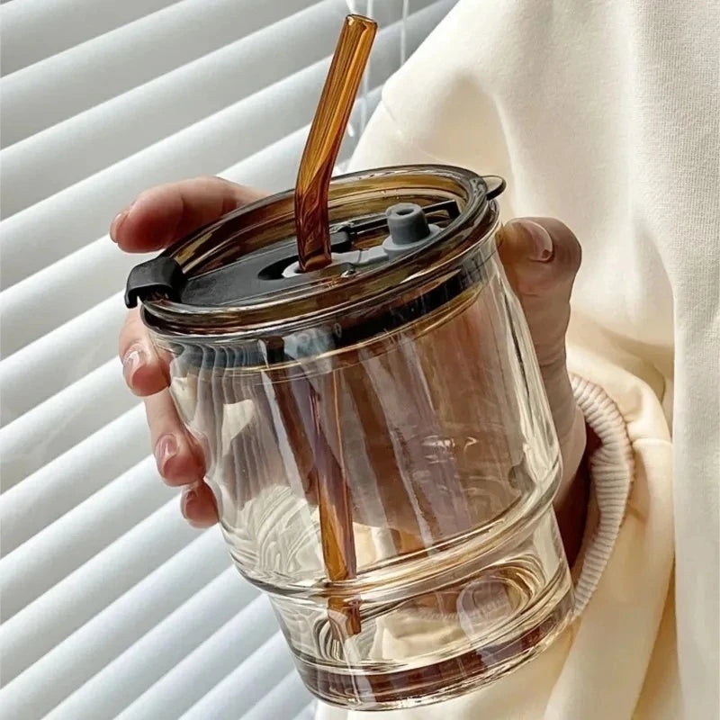 Simple Stripe Glass Cup With Lid and Straw