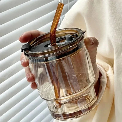Simple Stripe Glass Cup With Lid and Straw